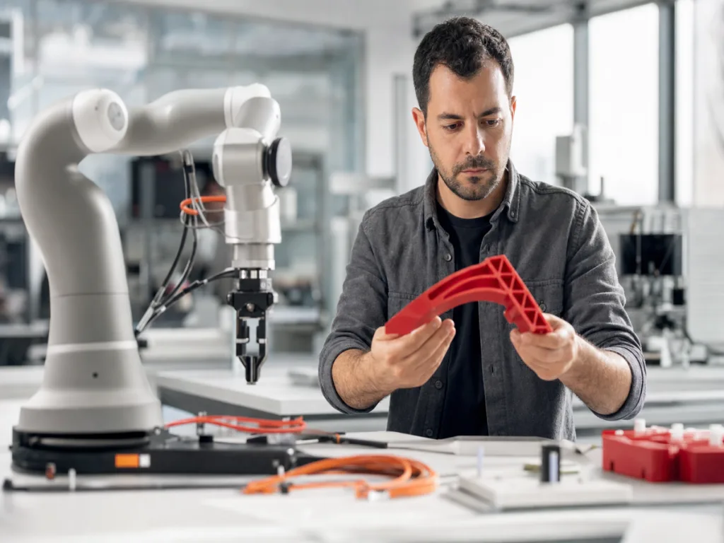 Ar-Ge merkezinde mühendislik ekibi robot kol üzerinde çalışıyor